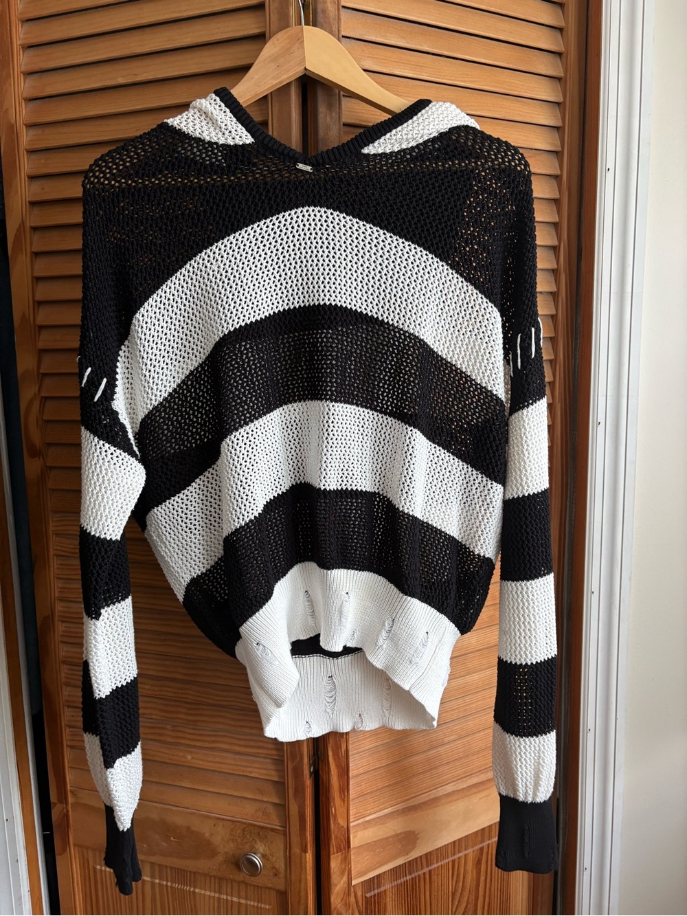 SMFK Women’s Black and White Striped Open-Knit Hoodie Sweater